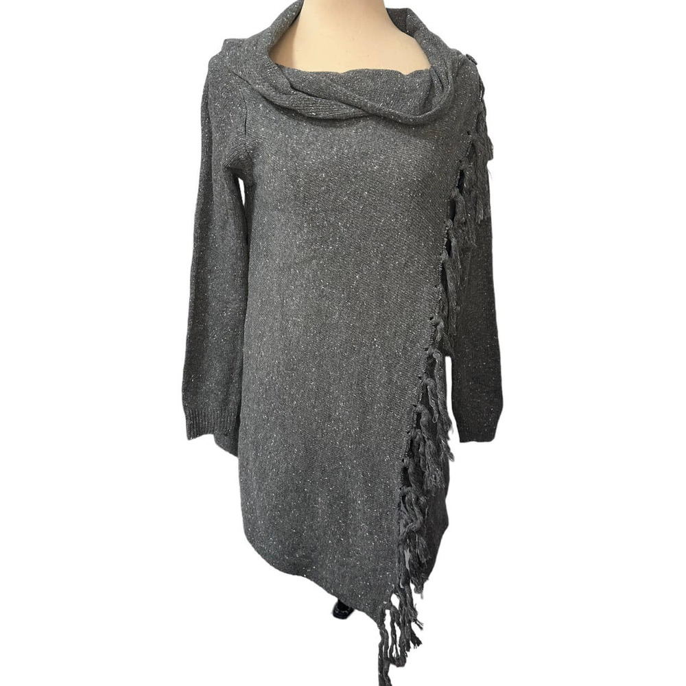 Gray Speckled Wool Blend Knit Tassel Fringe Poncho Sweater Size M